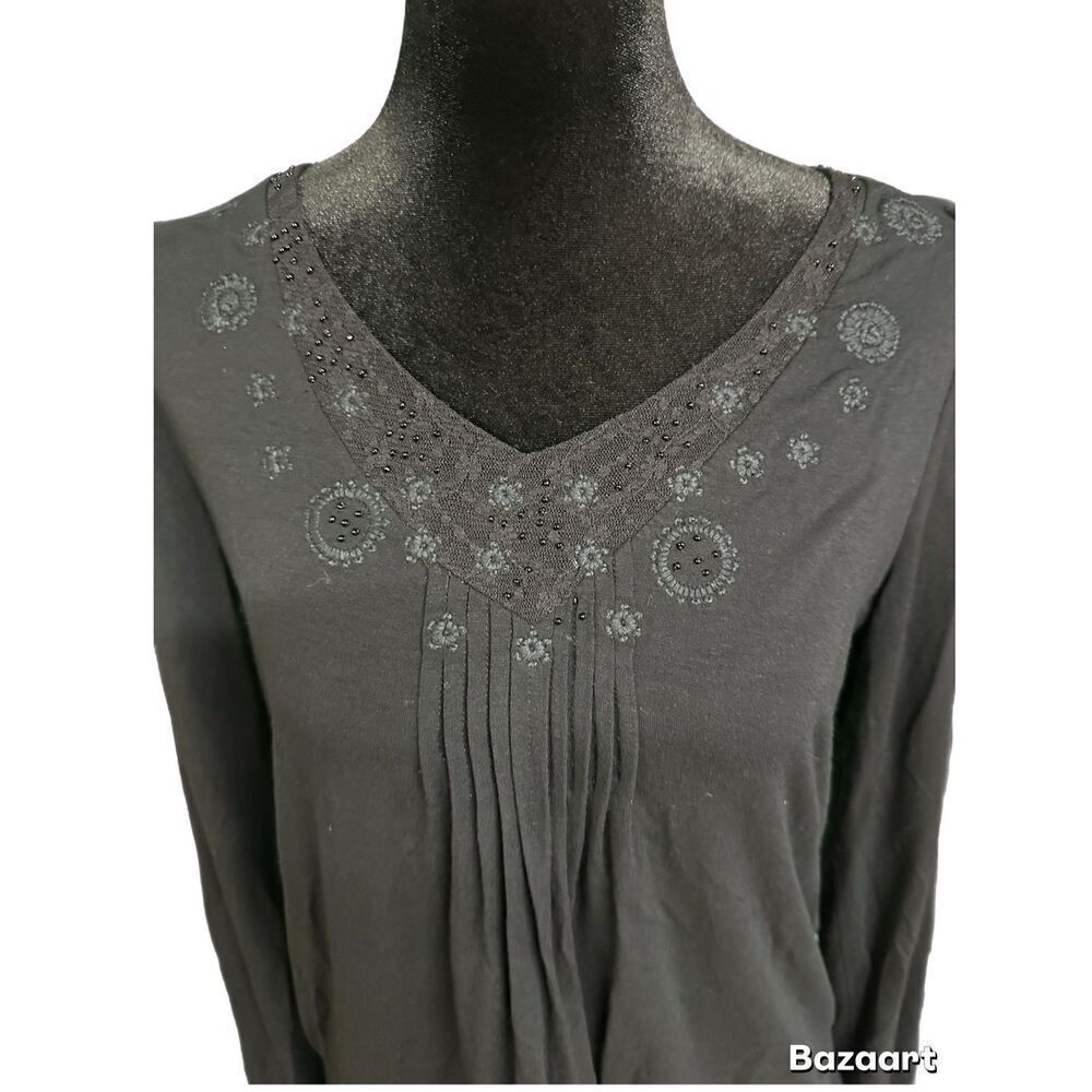 J. Jill Women's Black Beaded V-Neck Long Sleeve Top Size Medium